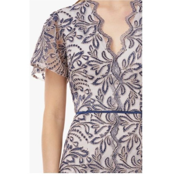 JS COLLECTIONS Navy Sky Blue Embroidered Soutache Flutter Sleeve V-Neck Dress 2 - Picture 3 of 3